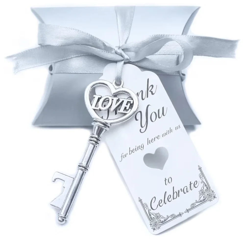 50pcs Wedding Favor Gift Set Skeleton Key Bottle Opener Silver NWT Heart LOVE